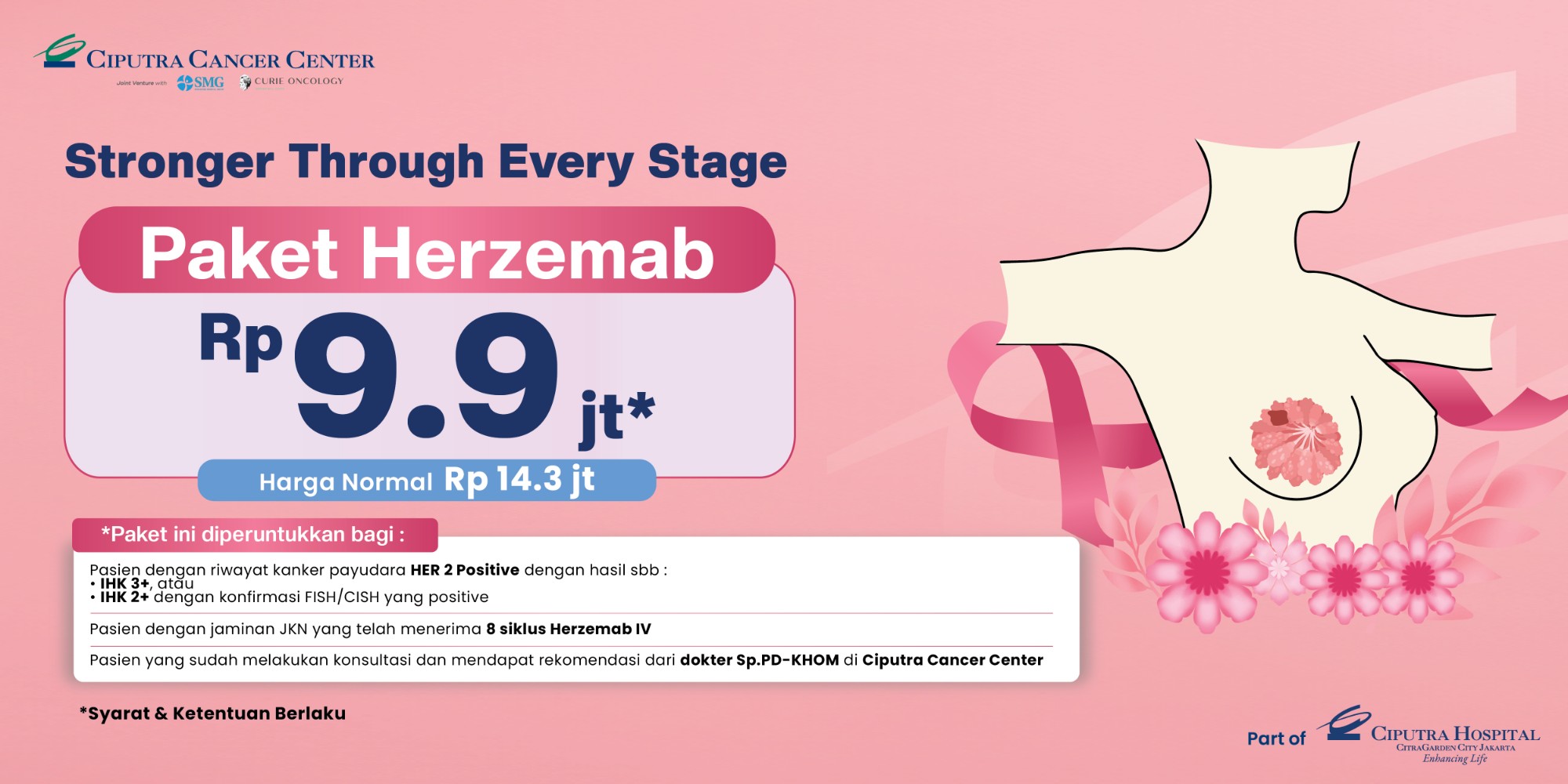Promo Paket Herzemab Ciputra Cancer Center - Stronger Through Every Stage, Rp 9.9 juta dari harga normal Rp 14.3 juta